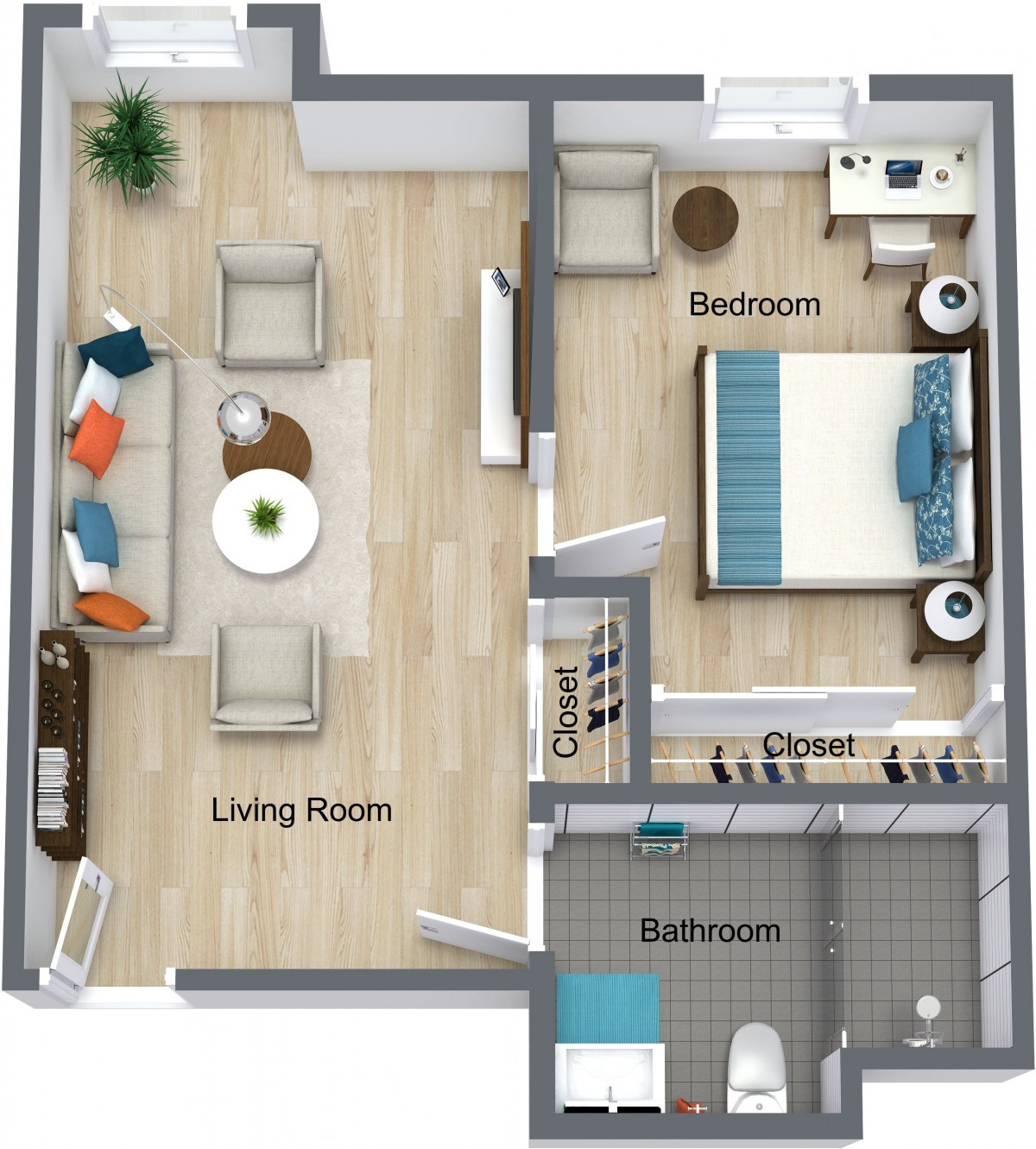 A 3D floor plan of a one-bedroom apartment featuring a living room, bedroom, and bathroom.