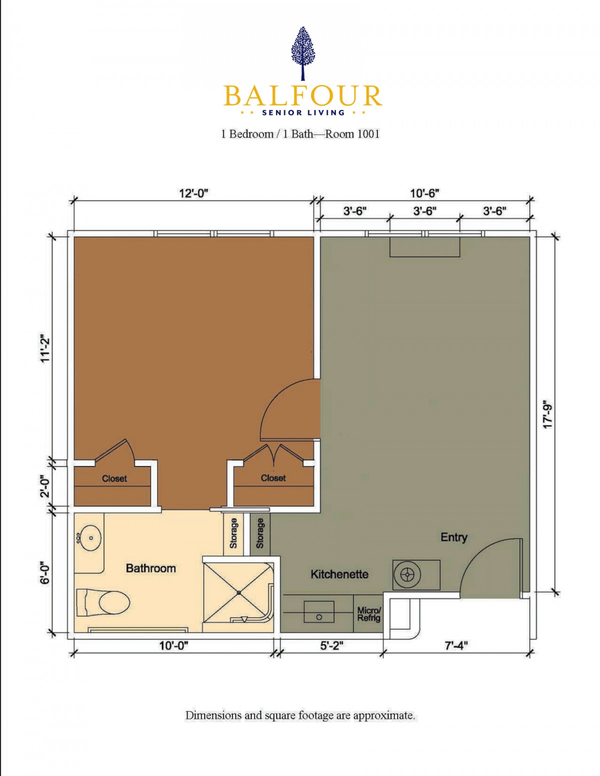 A floor plan of a one-bedroom apartment with designated spaces for the living room, kitchen, and bathroom.