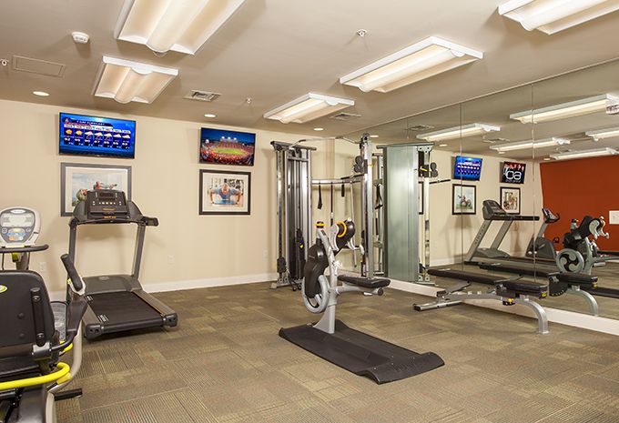 A well-equipped home gym with treadmills and exercise machines.