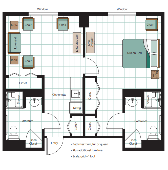 A detailed floor plan of a two-bedroom apartment featuring separate living areas, kitchens, and bathrooms for each bedroom.