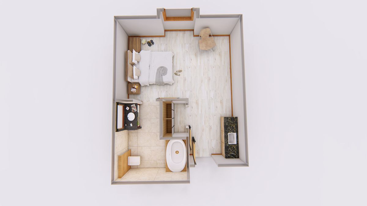 A minimalist bedroom and bathroom layout with modern furnishings.