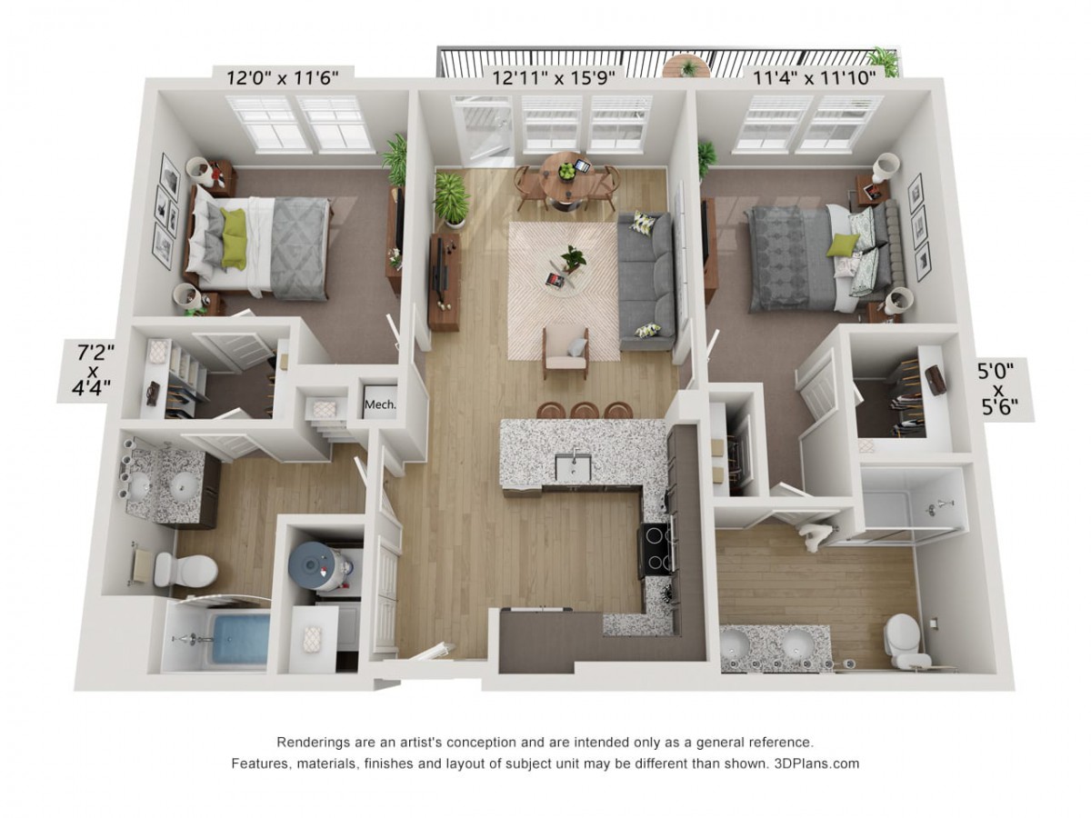 3D floor plan of a modern apartment with two bedrooms and open living space.