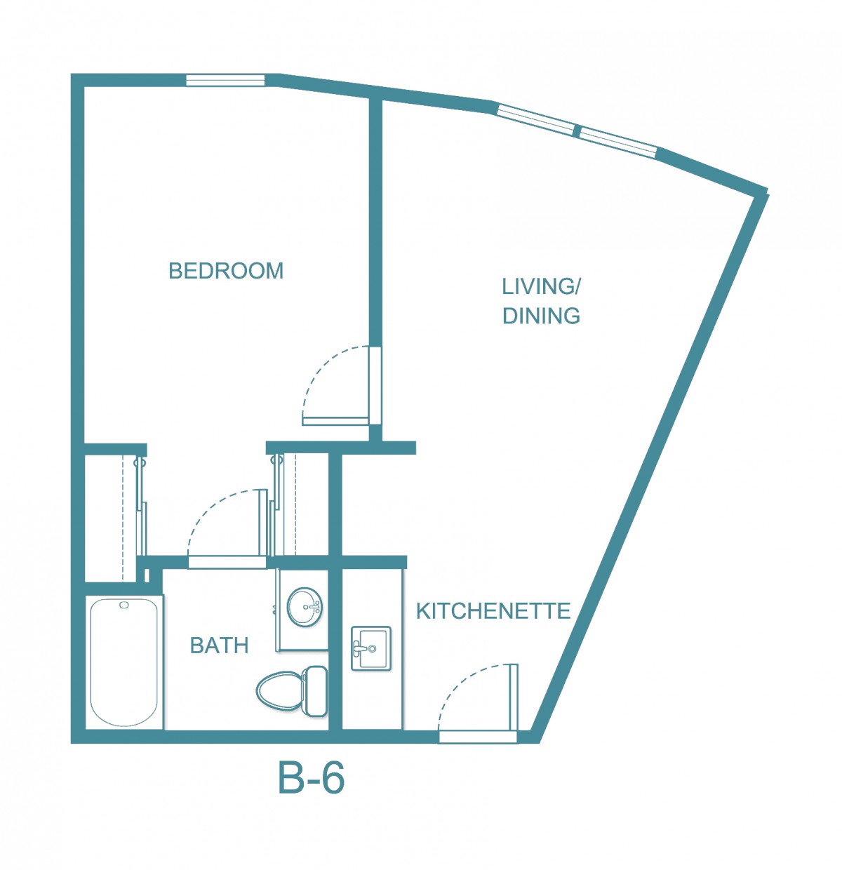 Floor plan of a one-bedroom apartment with kitchenette and living/dining area.