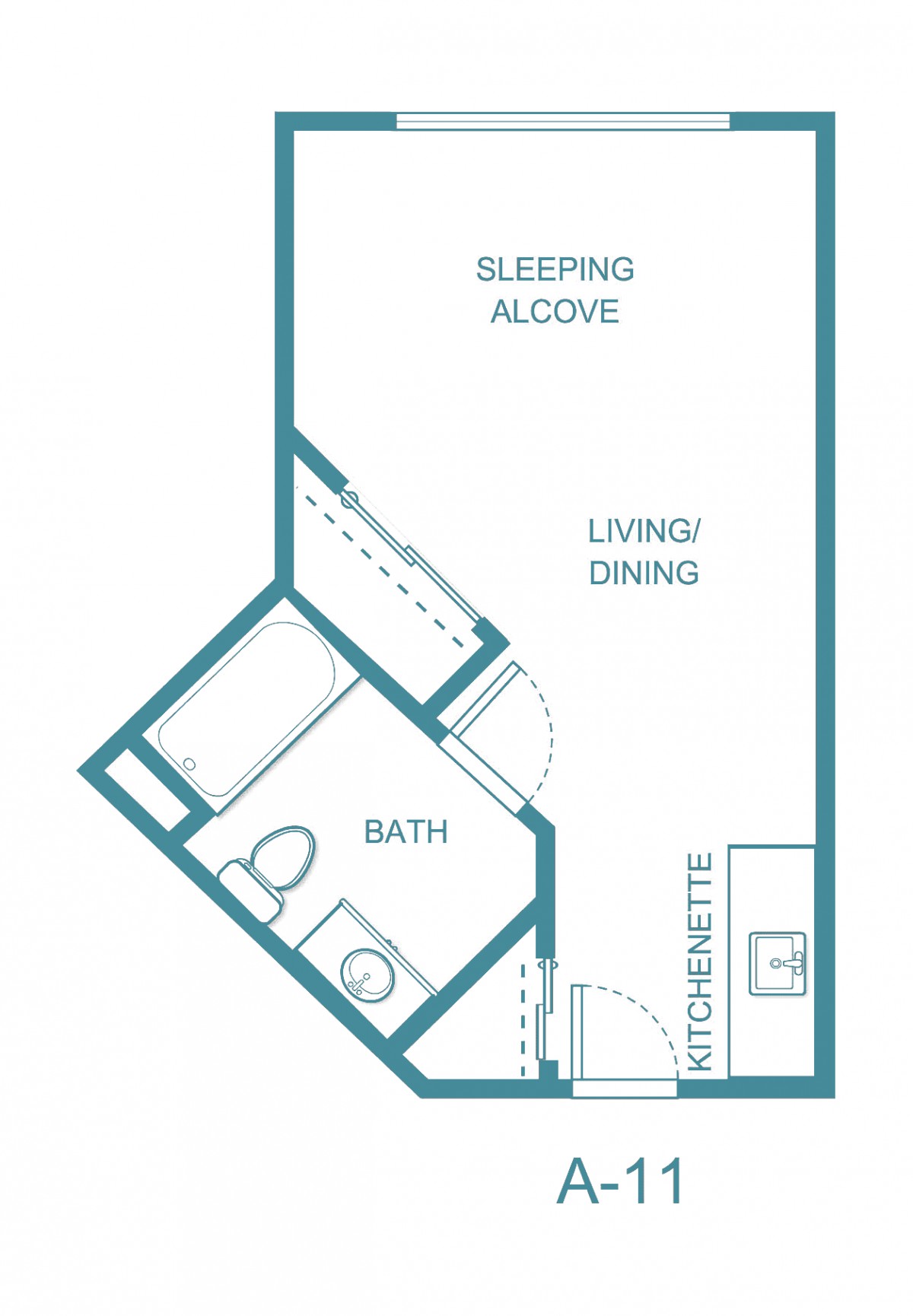 A floor plan of a studio apartment featuring a sleeping alcove, living/dining area, kitchenette, and bathroom.