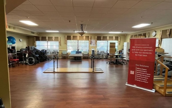 A spacious therapy room equipped with exercise machines and parallel bars, featuring large windows and a hardwood floor.