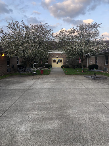 A serene view of a building flanked by blooming trees, set in a peaceful outdoor space.
