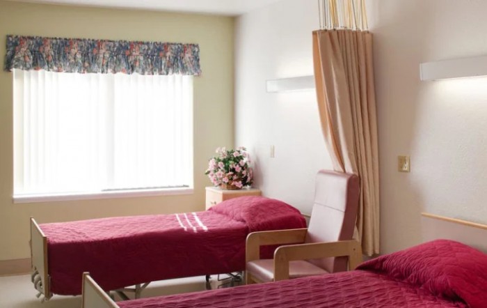 A hospital room with two identical beds separated by a curtain, featuring a window and floral arrangement.