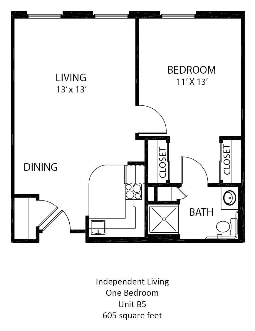 One-bedroom apartment floor plan for independent living.