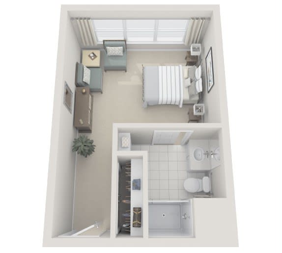 A 3D floor plan of a compact studio apartment with a combined living and sleeping area, along with an adjacent bathroom.