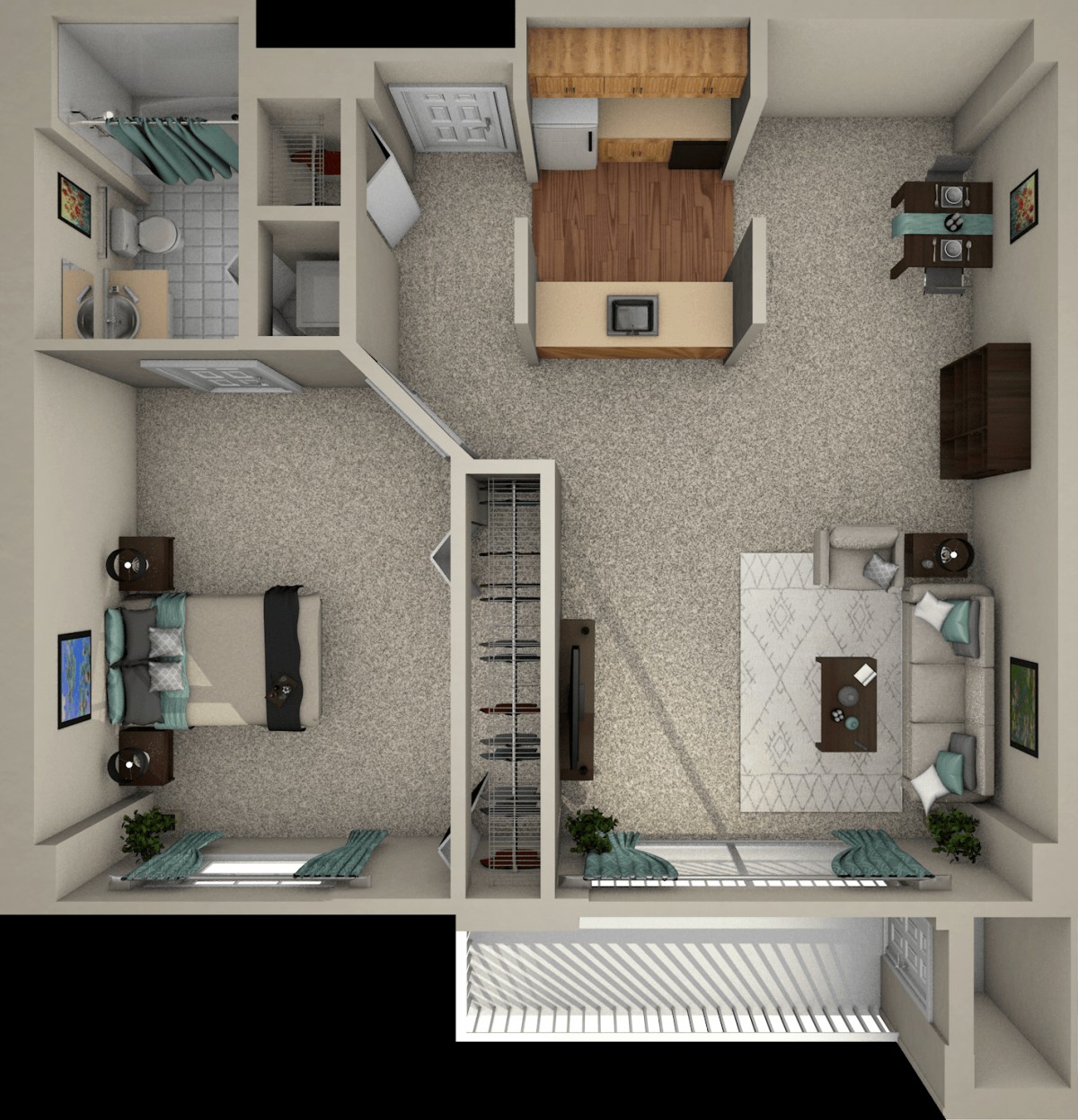 A top-down view of a one-bedroom apartment floor plan showcasing the living area, kitchen, bathroom, and bedroom.