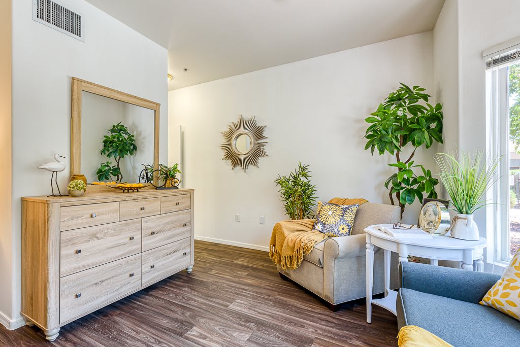 A cozy living room with modern decor, featuring comfortable seating, lush green plants, and a wooden floor.