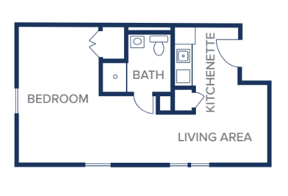 A simple floor plan featuring a bedroom, bath, kitchenette, and living area.