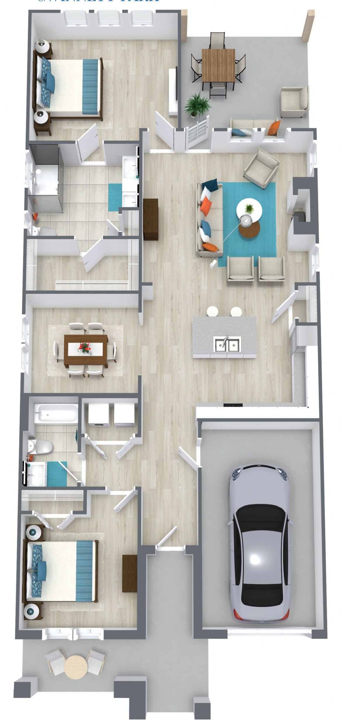 A 3D rendering of a modern floor plan with a spacious living area, kitchen, bedrooms, and an attached garage.