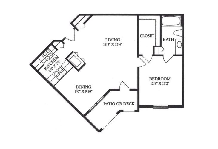 A floor plan of a one-bedroom apartment featuring a living room, kitchen, dining area, bathroom, closet, and patio.