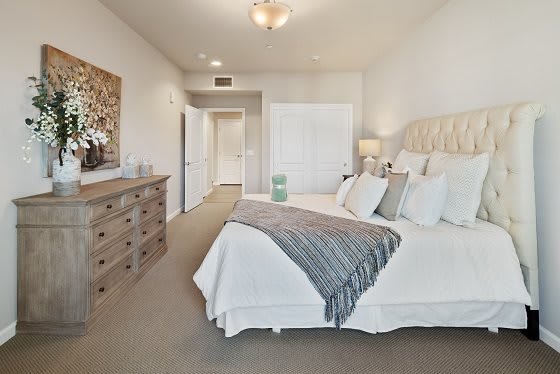 A cozy and elegantly decorated bedroom featuring a large bed with pillows and a throw blanket, complemented by a wooden dresser.