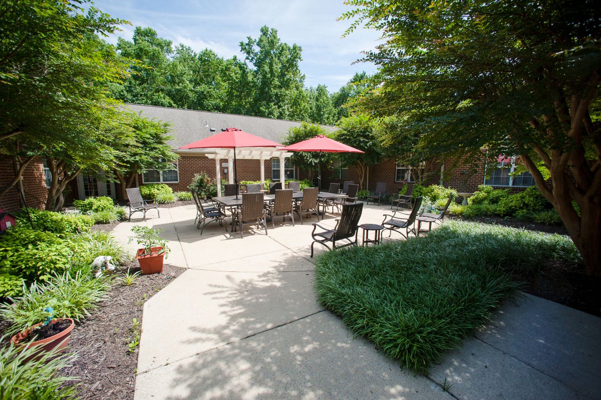 A tranquil patio area with outdoor seating and red umbrellas, surrounded by lush greenery.