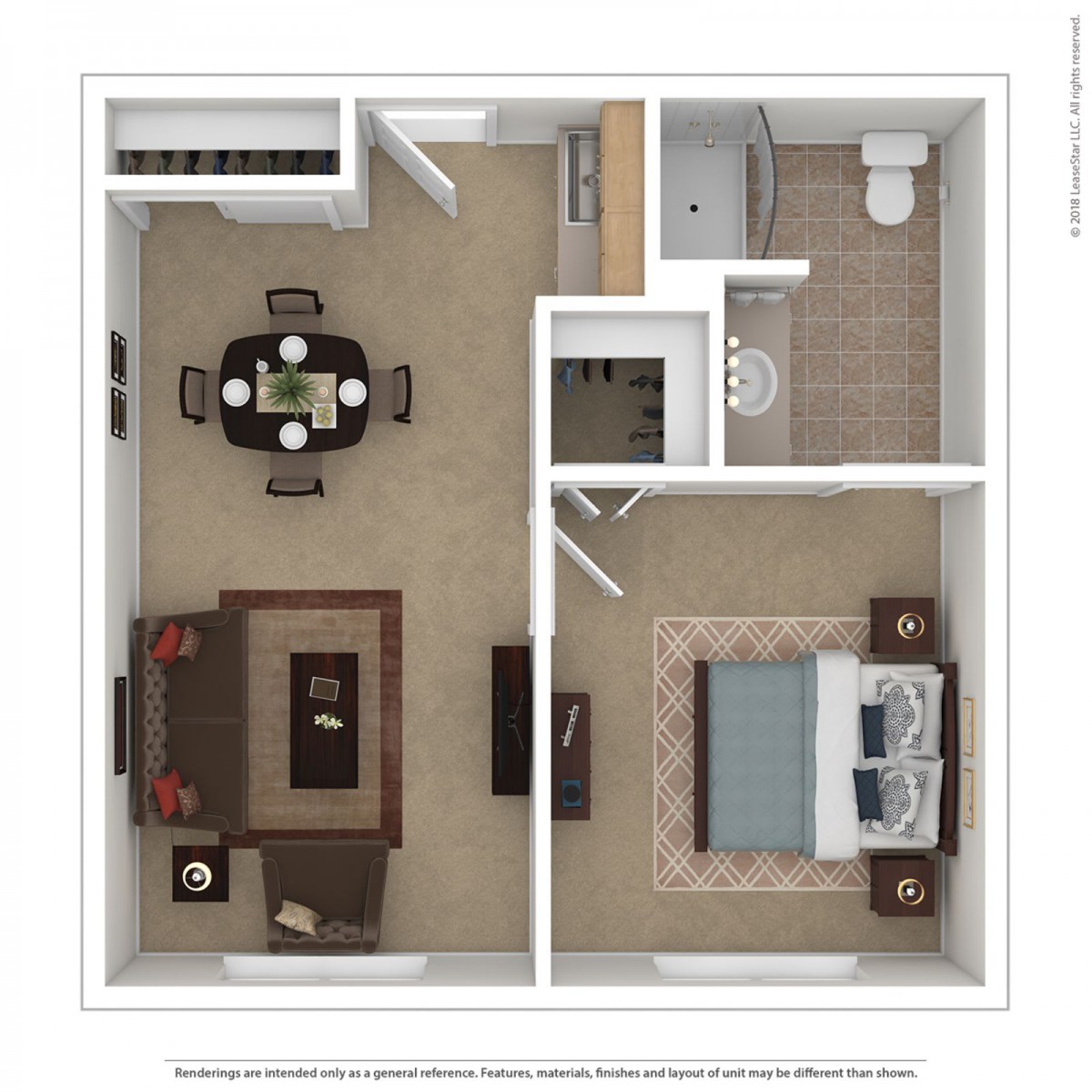 A 3D floor plan of a one-bedroom apartment featuring a living room, kitchen, dining area, and bathroom.