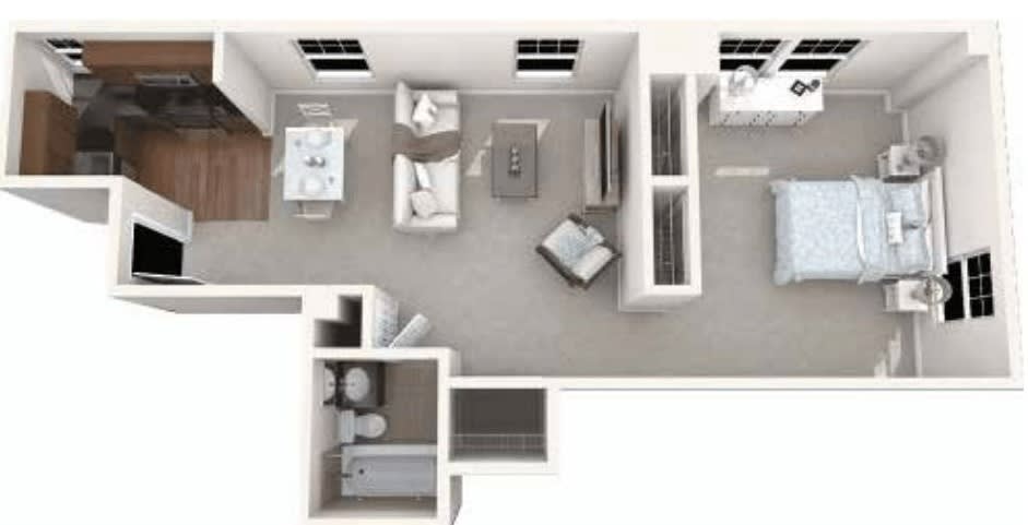 A 3D floor plan of a modern apartment featuring a living room, kitchen, and bathroom.