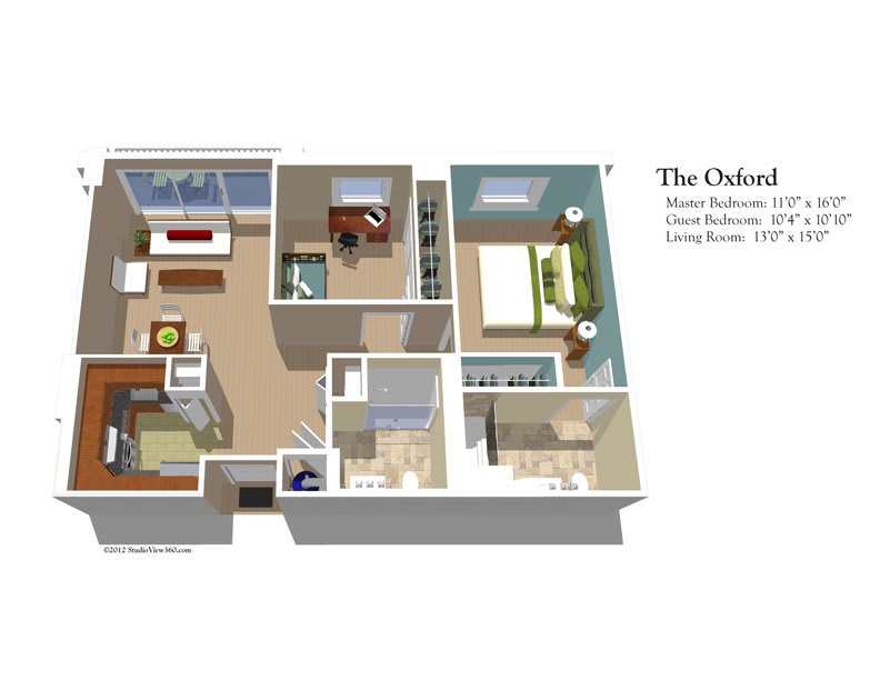 A 3D rendered floor plan of a two-bedroom apartment, featuring a living room, kitchen, and bathroom.