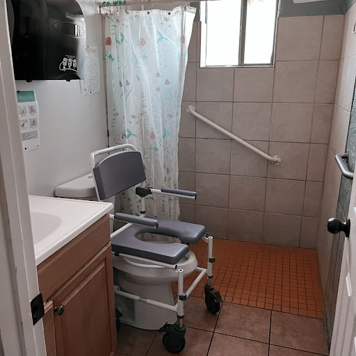 A spacious accessible bathroom featuring a shower area, toilet with mobility aid, and safety rails.