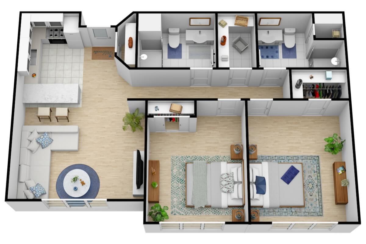 A 3D floor plan of an apartment showing the arrangement of rooms and furniture.