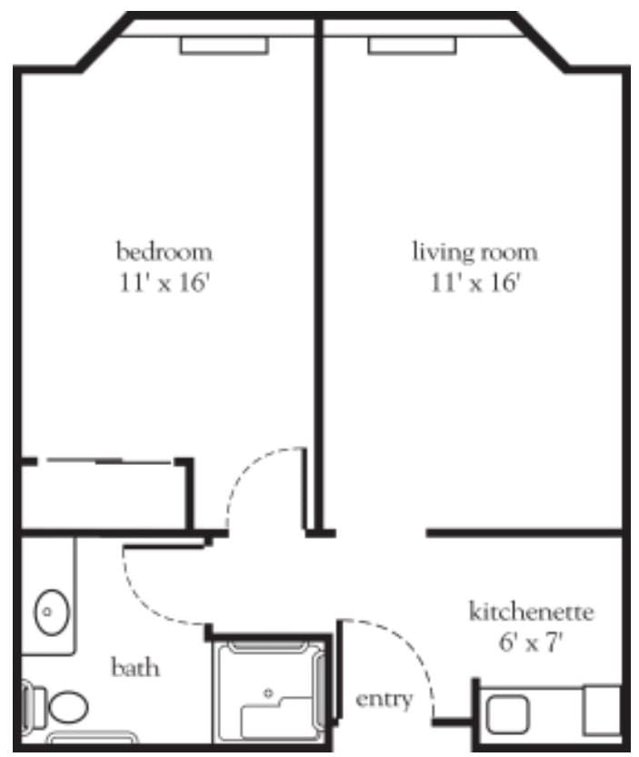 A floor plan showing the layout of a one-bedroom apartment with specified dimensions for each room.