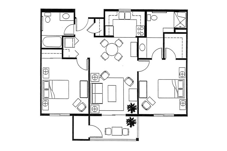 A floor plan showing a two-bedroom apartment with a living room, kitchen, and bathrooms.