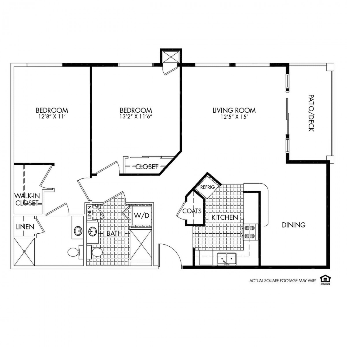 A floor plan of a two-bedroom apartment featuring a living room, kitchen, bathroom, and utility area.