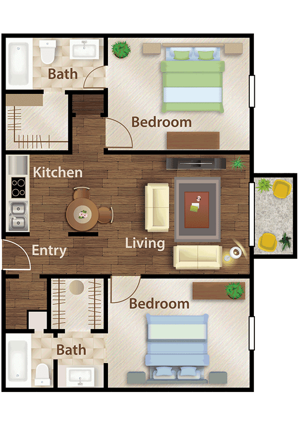 A two-bedroom apartment floor plan featuring a living room, kitchen, and two bathrooms.