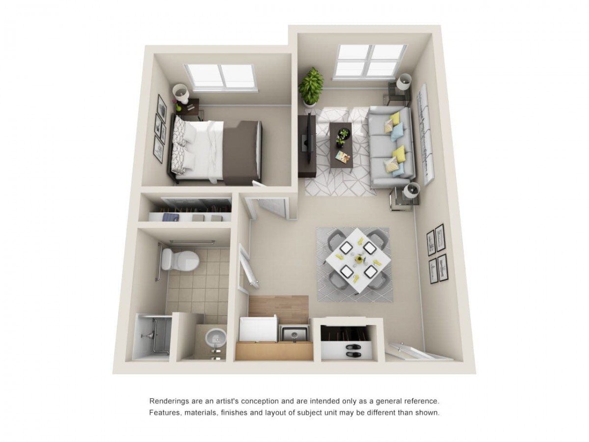 3D floor plan of a one-bedroom apartment featuring a living room, kitchen, and bathroom.