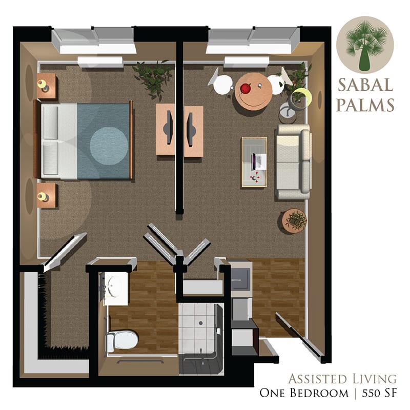 A detailed floor plan of a one-bedroom apartment from Sabal Palms, showcasing an open living and dining area adjacent to the kitchen.
