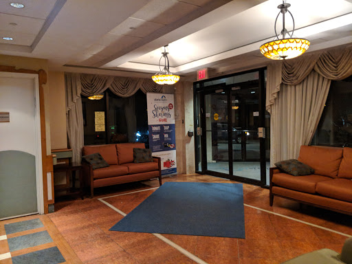 A cozy hotel lobby featuring comfortable seating and warm lighting.