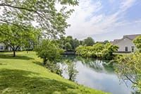 A serene landscape featuring a tranquil lake surrounded by lush greenery and trees under a clear sky.