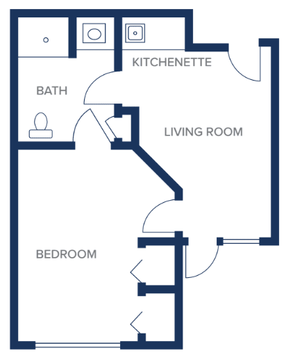 A floor plan of a small apartment featuring a bedroom, bathroom, living room, and kitchenette.