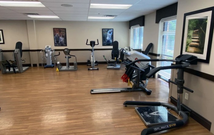 A well-equipped gym with various exercise machines and ample natural light.