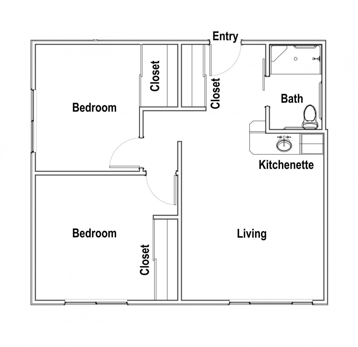 A two-bedroom apartment floor plan with a living room, bathroom, kitchenette, and closets.