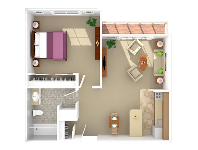 A floor plan of a one-bedroom apartment featuring a bedroom, living area, kitchen, and bathroom.