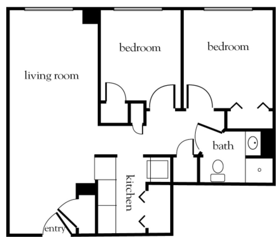 A floor plan of a two-bedroom apartment with a living room, kitchen, and bathroom.