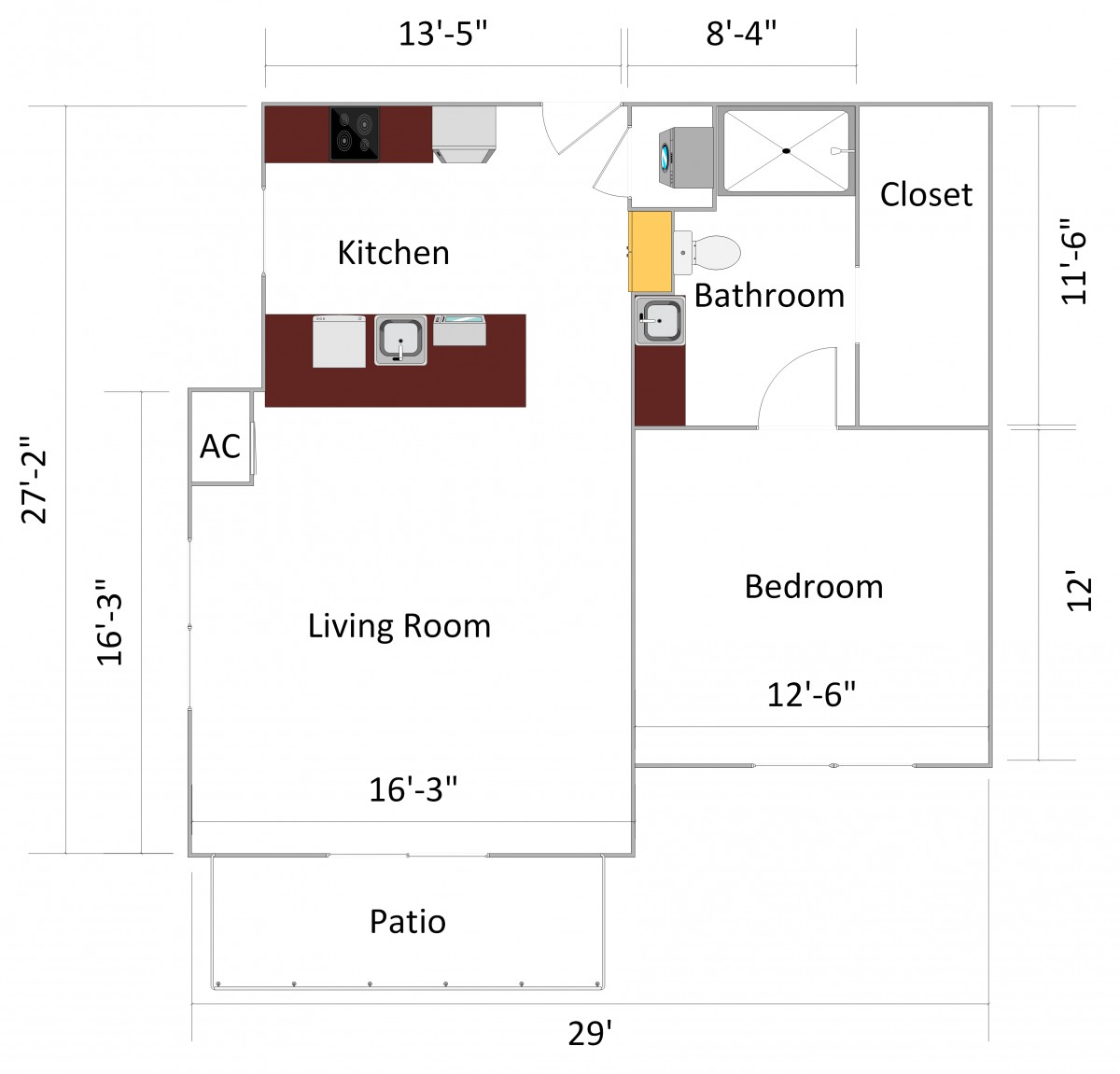 A detailed floor plan of a one-bedroom apartment featuring a kitchen, living room, bathroom, and patio.
