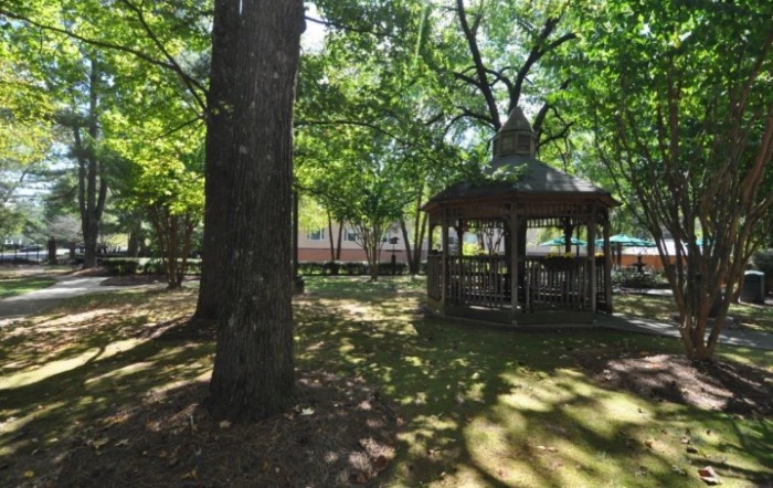 A peaceful park scene with a gazebo surrounded by tall trees and dappled sunlight.