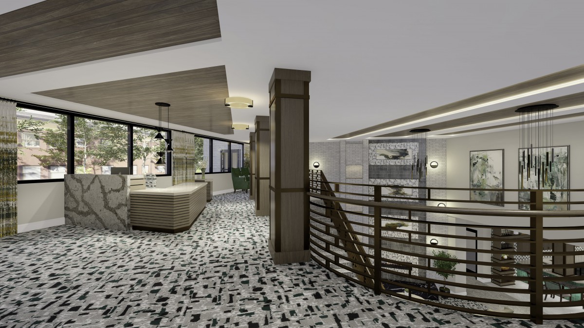 A modern interior space featuring a lounge area with open design and contemporary lighting.