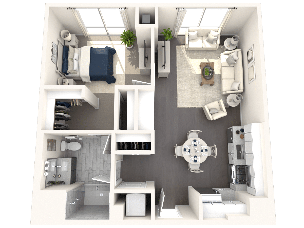 A 3D floor plan of a modern apartment featuring a bedroom, living room, kitchen, and bathroom.
