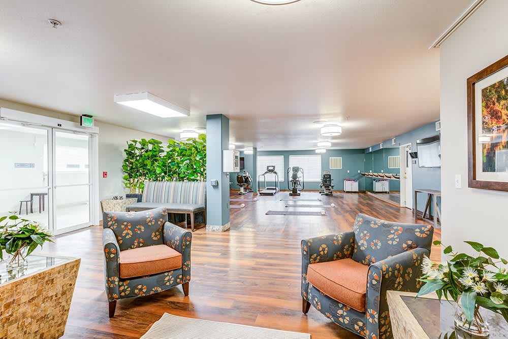 A spacious and modern lounge area featuring patterned chairs, gym equipment in the background, and lush greenery.