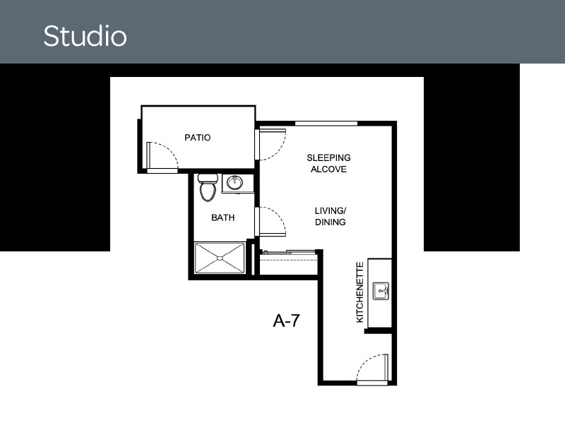Studio apartment floor plan with a living/dining area, sleeping nook, kitchen, bath, and patio.