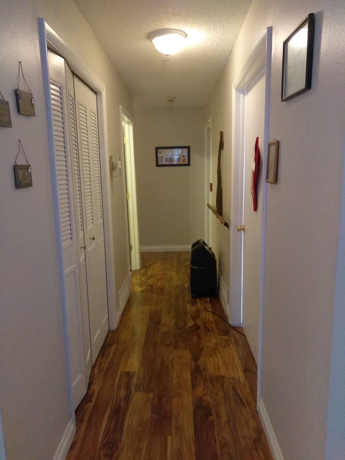 A well-lit hallway with wooden flooring and decorated walls.