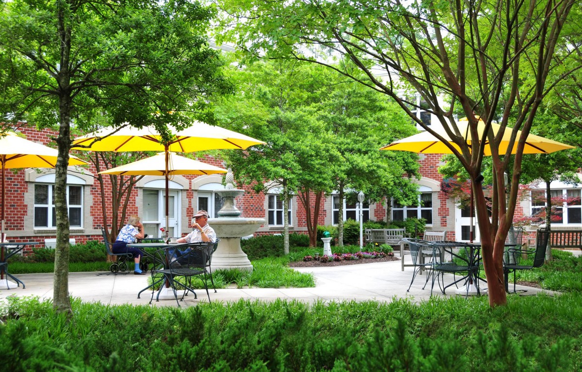 A peaceful outdoor patio area with tables, chairs, and yellow umbrellas surrounded by lush greenery.