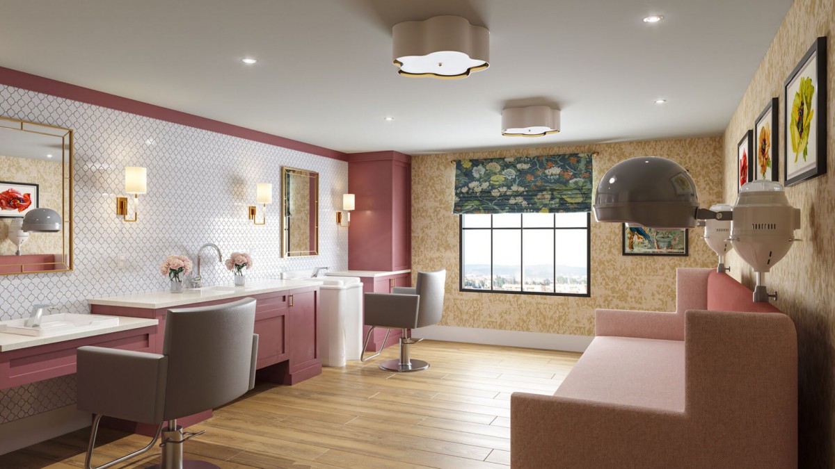A modern salon interior featuring stylish furniture, contemporary lighting, and a large window with decorative shades.