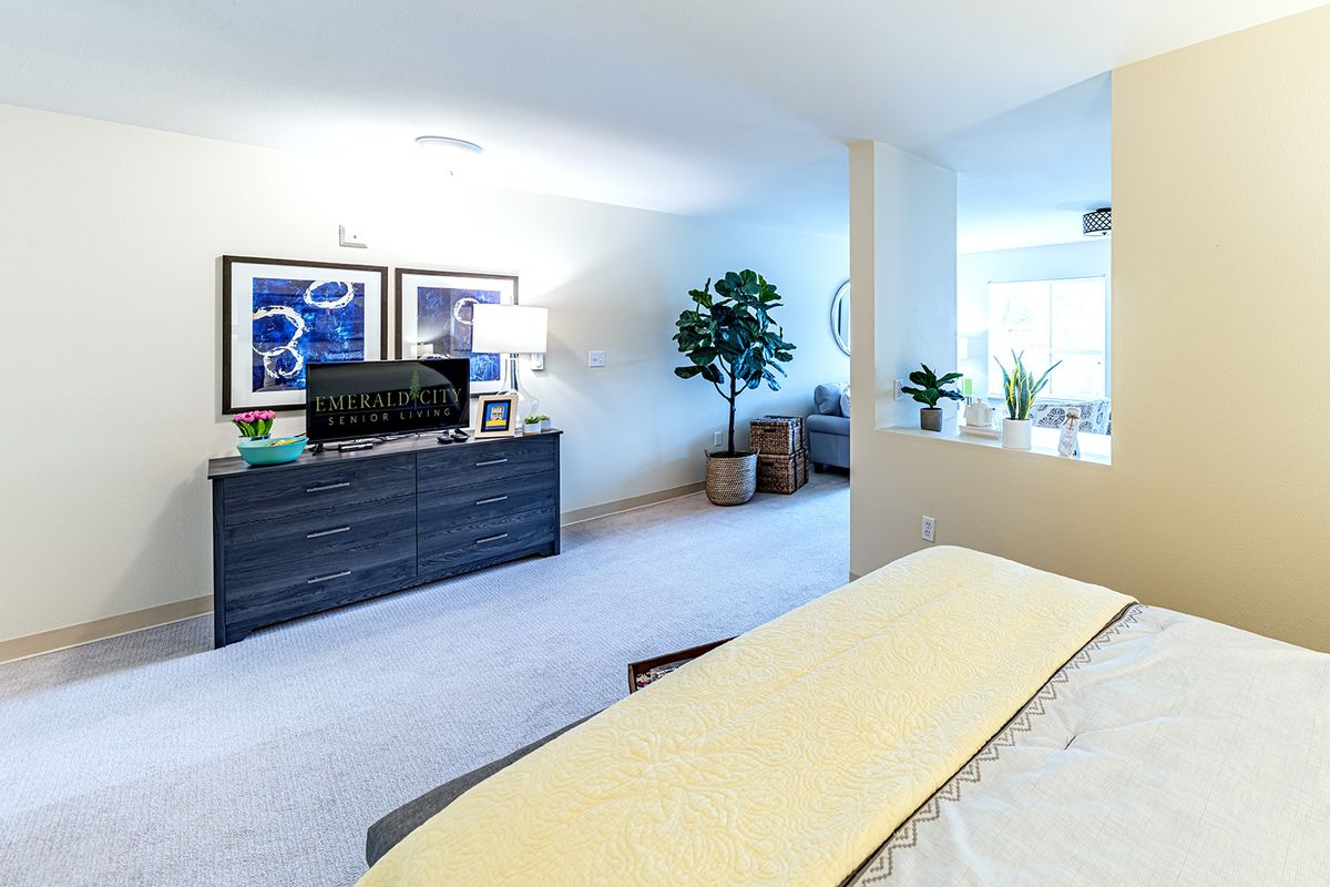 A modern bedroom interior with stylish decor and indoor plants.