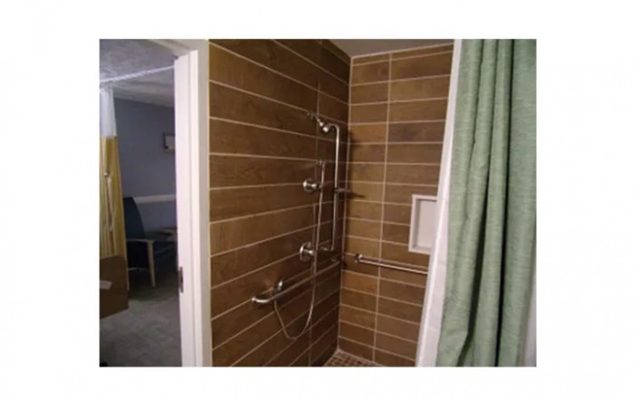 A tiled shower with grab bars for accessibility.