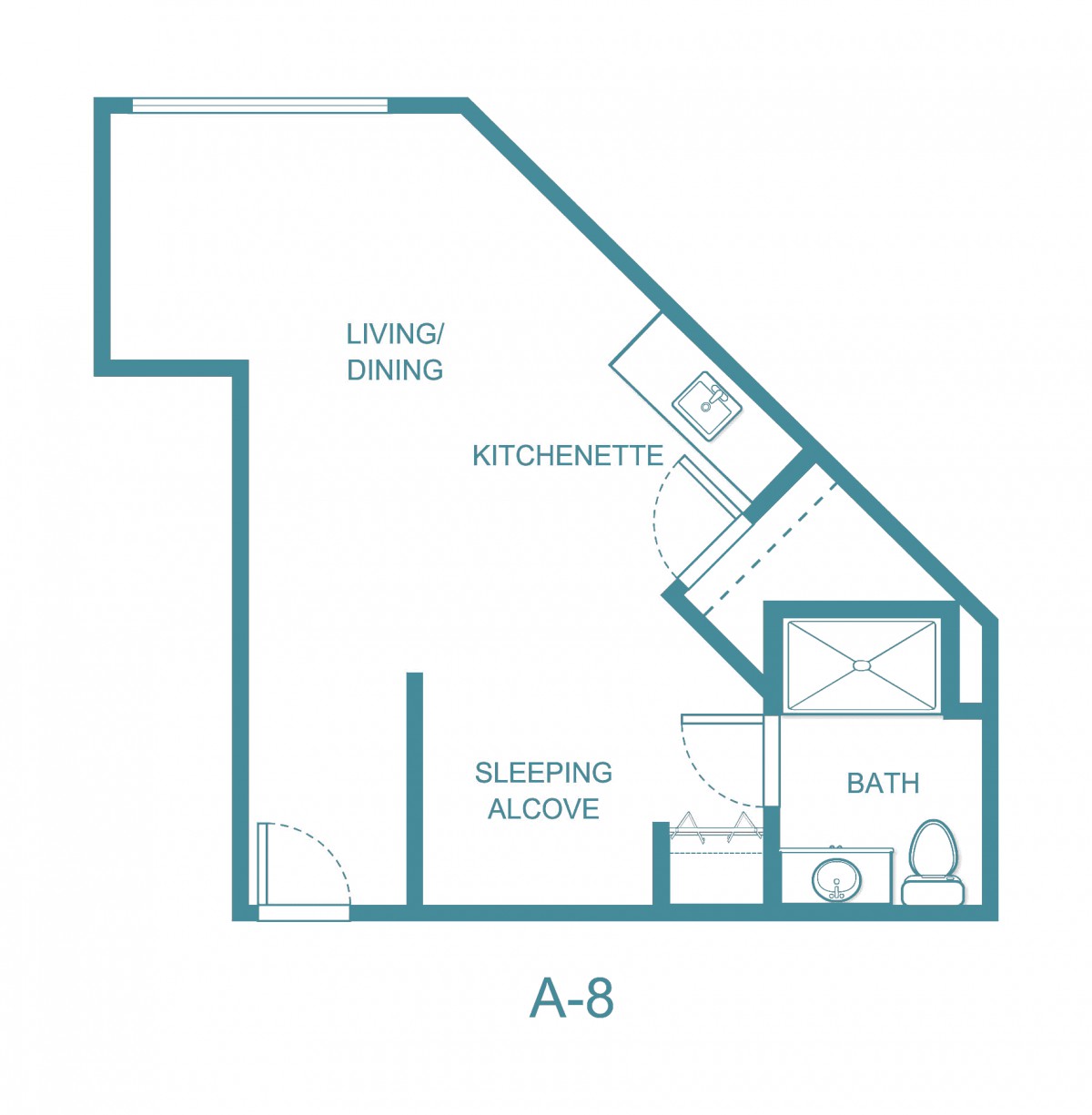 A floor plan of a studio apartment featuring a kitchenette, sleeping alcove, living space, and bathroom.